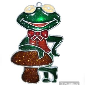 Vintage Handmade Stained Glass Frog Wearing Bow Tie Mushroom Suncatcher Ornament